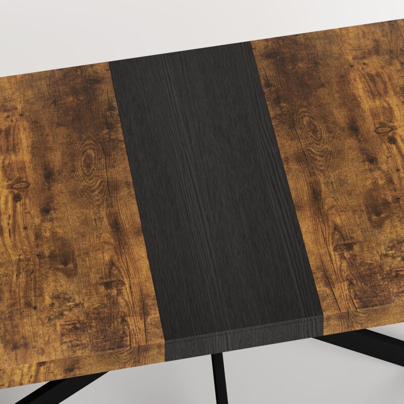 55.11" -70.86"Retro Rectangular Stretch Dining Table, Antique Wood Top And Black Relief Plate, Black Fine Sand Cross Iron Foot Base Dining Table, With Storage Box - Image 10