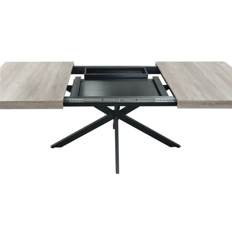 55.11" -70.86"Retro Rectangular Stretch Dining Table, Antique Wood Top And Black Relief Plate, Black Fine Sand Cross Iron Foot Base Dining Table, With Storage Box - Image 8