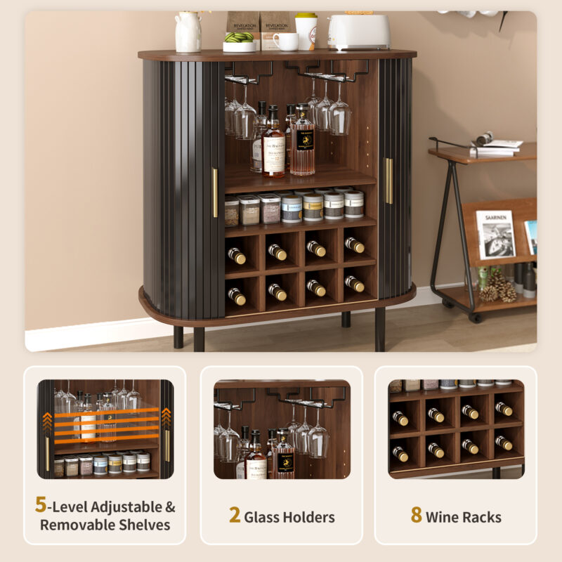 28" Fluted Wine Bar Cabinet with 8-Grid Wine Rack, 5-Level Adjustable Shelves, 2 Glass Holders, Smoothly Sliding Tambour Doors, 4 Hidden Storage Space on the Side,Modern Liquor Coffee Station - Image 26