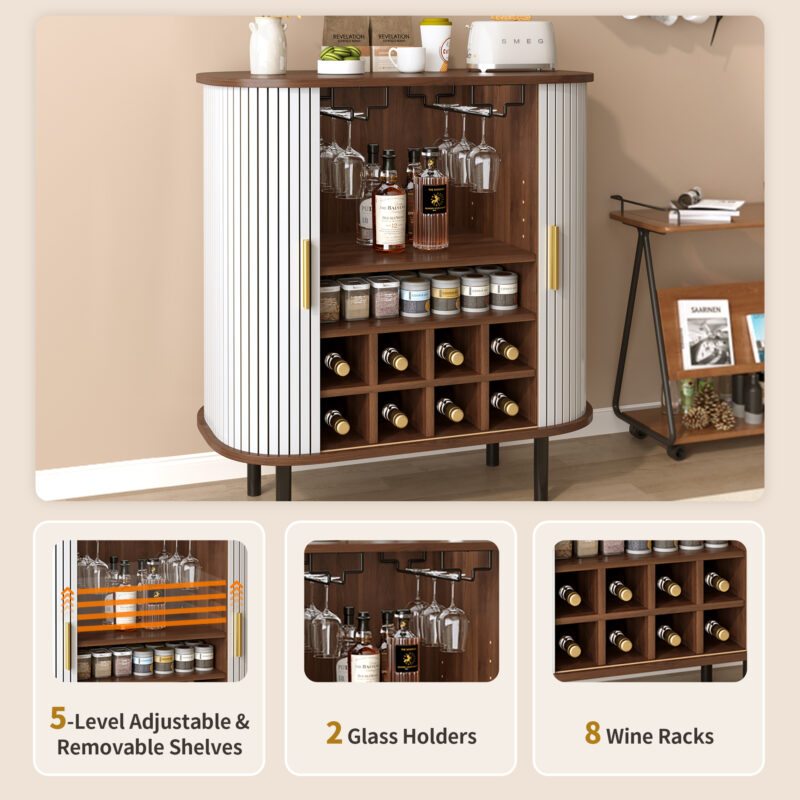 28" Fluted Wine Bar Cabinet with 8-Grid Wine Rack, 5-Level Adjustable Shelves, 2 Glass Holders, Smoothly Sliding Tambour Doors, 4 Hidden Storage Space on the Side,Modern Liquor Coffee Station - Image 12
