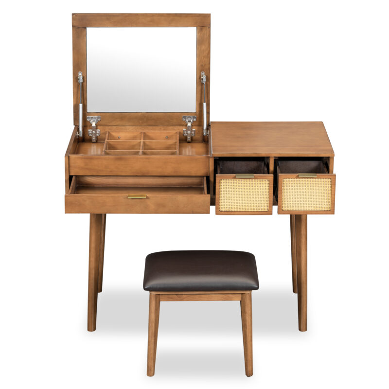 43.3" Classic Wood Makeup Vanity Set with Flip-top Mirror and Stool, Dressing Table with Three Drawers and storage space, Brown - Image 9