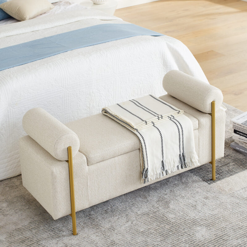 Elegant Upholstered Linen Storage Bench with Cylindrical Arms and Iron Legs for Hallway Living Room Bedroom - Image 15