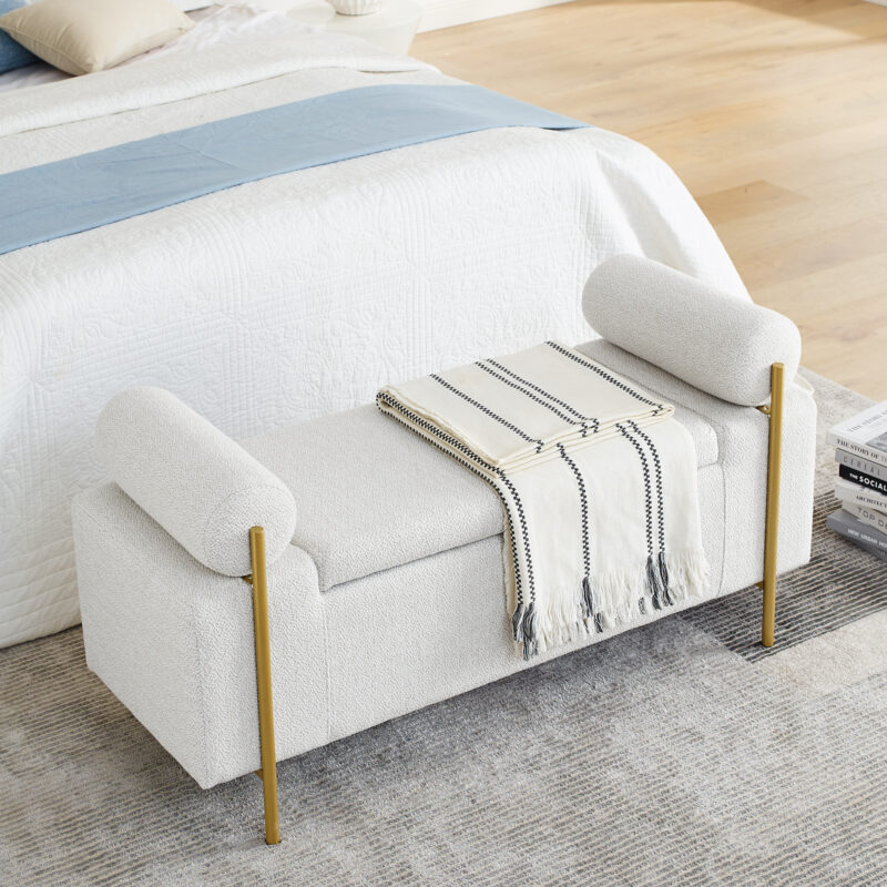 Elegant Upholstered Linen Storage Bench with Cylindrical Arms and Iron Legs for Hallway Living Room Bedroom - Image 6