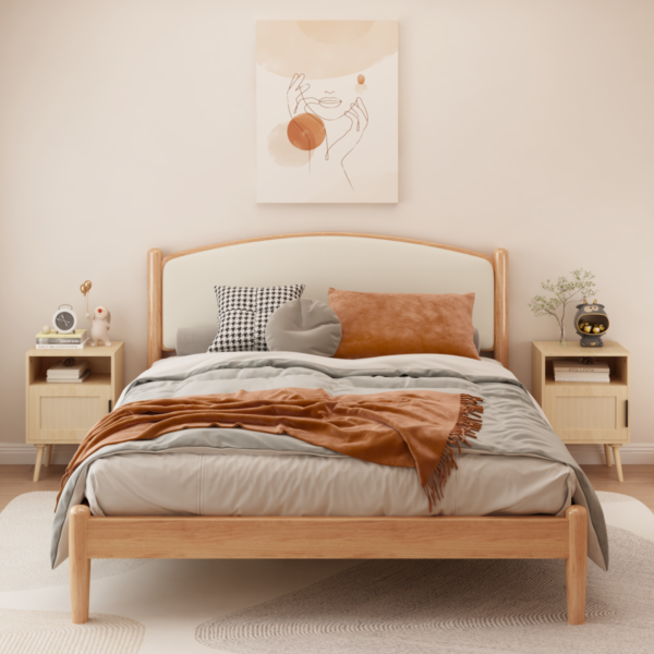 22.83'' H Rattan Nightstand, Side Table with Door Open Shelf, Accent Bedside End Table with Solid Wood Legs for Bedroom, Dorm and Small Spaces, Oak