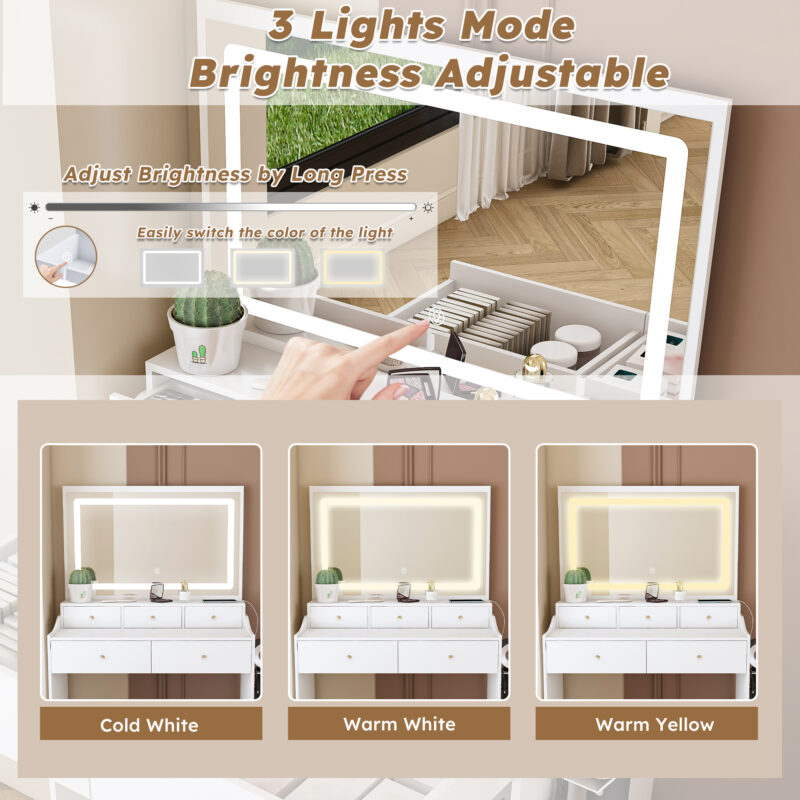 New Large Mirror Vanity Desk for Bed room , Modern Makeup Vanity Set with Power Outlet and Hair dryer holder, 5 Drawers , 3 Lighting Color Adjustable Dressing Table for Bedroom - Image 6