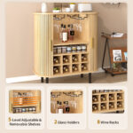 28" Fluted Wine Bar Cabinet with 8-Grid Wine Rack, 5-Level Adjustable Shelves, 2 Glass Holders, Smoothly Sliding Tambour Doors, 4 Hidden Storage Space on the Side,Modern Liquor Coffee Station - Image 6