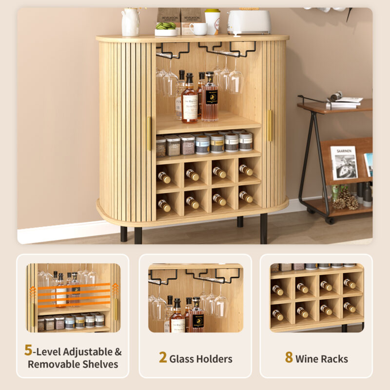 28" Fluted Wine Bar Cabinet with 8-Grid Wine Rack, 5-Level Adjustable Shelves, 2 Glass Holders, Smoothly Sliding Tambour Doors, 4 Hidden Storage Space on the Side,Modern Liquor Coffee Station - Image 6