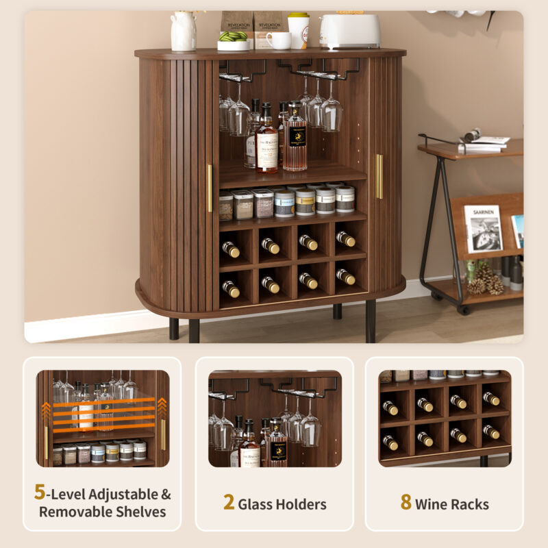 28" Fluted Wine Bar Cabinet with 8-Grid Wine Rack, 5-Level Adjustable Shelves, 2 Glass Holders, Smoothly Sliding Tambour Doors, 4 Hidden Storage Space on the Side,Modern Liquor Coffee Station - Image 20