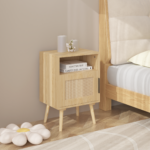 22.83'' H Rattan Nightstand, Side Table with Door Open Shelf, Accent Bedside End Table with Solid Wood Legs for Bedroom, Dorm and Small Spaces, Oak - Image 16