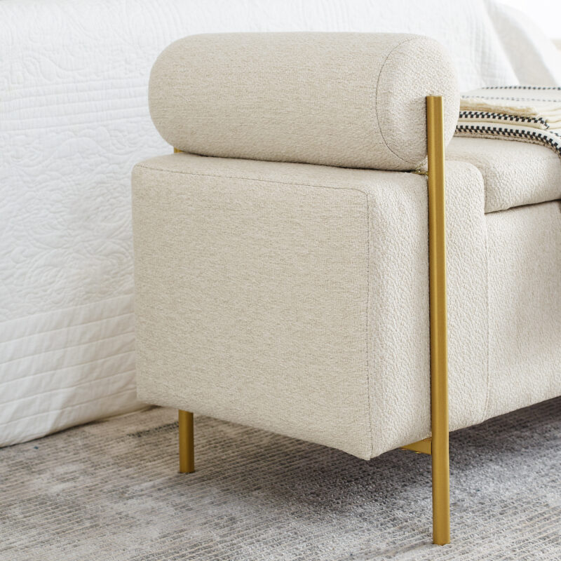 Elegant Upholstered Linen Storage Bench with Cylindrical Arms and Iron Legs for Hallway Living Room Bedroom - Image 14