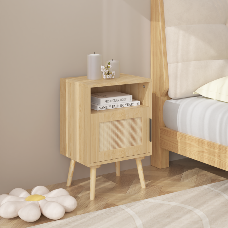 22.83'' H Rattan Nightstand, Side Table with Door Open Shelf, Accent Bedside End Table with Solid Wood Legs for Bedroom, Dorm and Small Spaces, Oak - Image 16