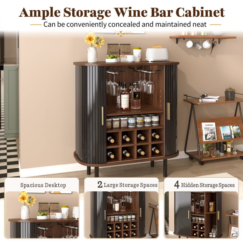 28" Fluted Wine Bar Cabinet with 8-Grid Wine Rack, 5-Level Adjustable Shelves, 2 Glass Holders, Smoothly Sliding Tambour Doors, 4 Hidden Storage Space on the Side,Modern Liquor Coffee Station - Image 28