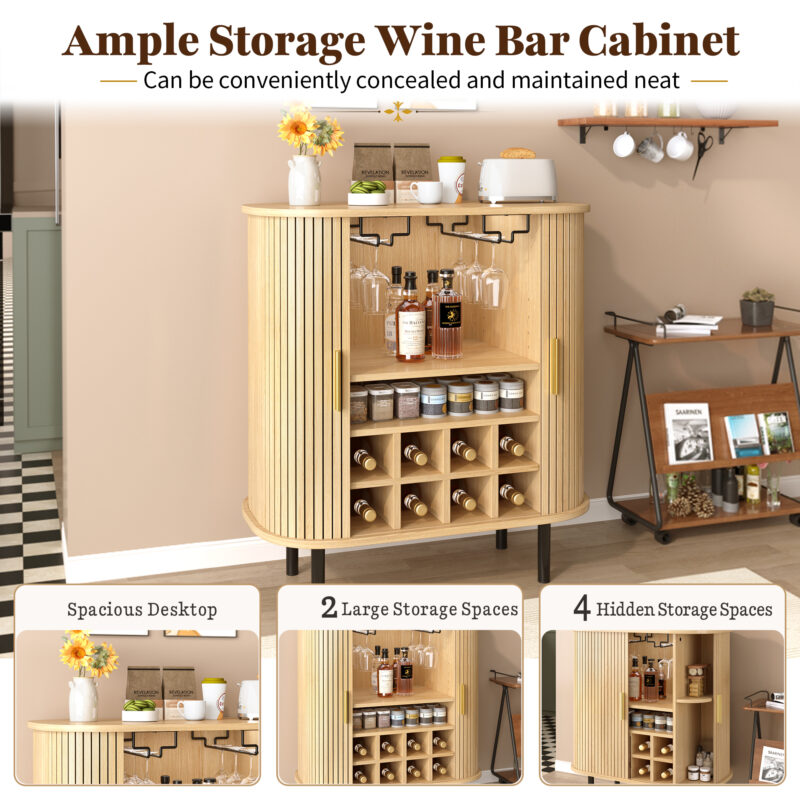 28" Fluted Wine Bar Cabinet with 8-Grid Wine Rack, 5-Level Adjustable Shelves, 2 Glass Holders, Smoothly Sliding Tambour Doors, 4 Hidden Storage Space on the Side,Modern Liquor Coffee Station - Image 7