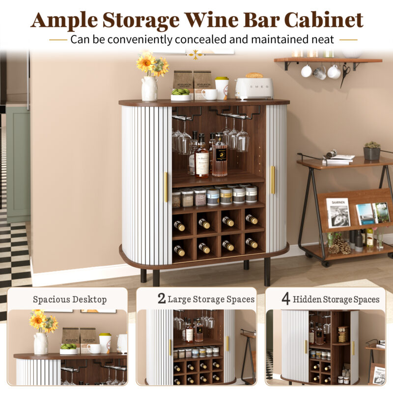 28" Fluted Wine Bar Cabinet with 8-Grid Wine Rack, 5-Level Adjustable Shelves, 2 Glass Holders, Smoothly Sliding Tambour Doors, 4 Hidden Storage Space on the Side,Modern Liquor Coffee Station - Image 14