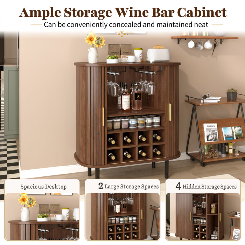 28" Fluted Wine Bar Cabinet with 8-Grid Wine Rack, 5-Level Adjustable Shelves, 2 Glass Holders, Smoothly Sliding Tambour Doors, 4 Hidden Storage Space on the Side,Modern Liquor Coffee Station - Image 21