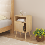 22.83'' H Rattan Nightstand, Side Table with Door Open Shelf, Accent Bedside End Table with Solid Wood Legs for Bedroom, Dorm and Small Spaces, Oak - Image 15
