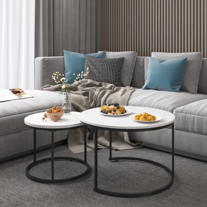 Nesting Coffee Table Set of 2, 27.6inch Round Coffee Table Wood Marble Pattern Top with Sturdy Metal Frame, End Table Side Tables for Living Room Bedroom Balcony Yard - Image 10