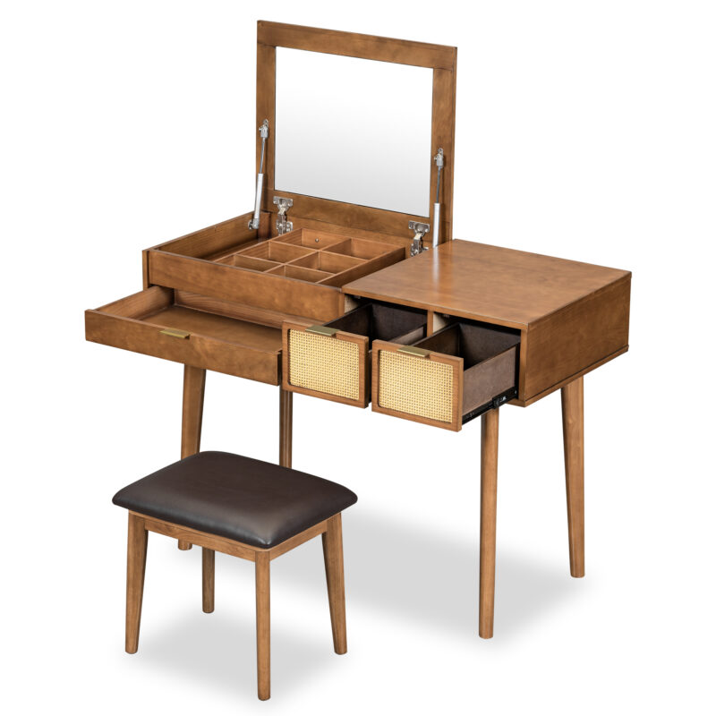 43.3" Classic Wood Makeup Vanity Set with Flip-top Mirror and Stool, Dressing Table with Three Drawers and storage space, Brown - Image 7