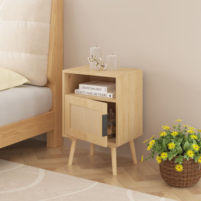 22.83'' H Rattan Nightstand, Side Table with Door Open Shelf, Accent Bedside End Table with Solid Wood Legs for Bedroom, Dorm and Small Spaces, Oak - Image 15