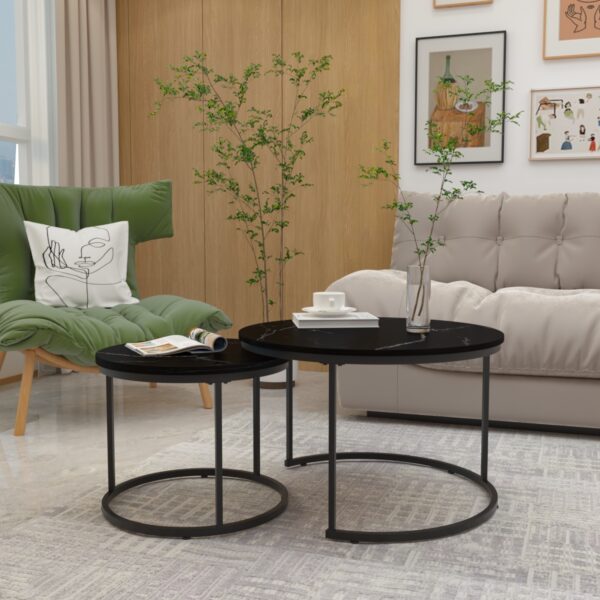 Nesting Coffee Table Set of 2, 27.6inch Round Coffee Table Wood Marble Pattern Top with Sturdy Metal Frame, End Table Side Tables for Living Room Bedroom Balcony Yard