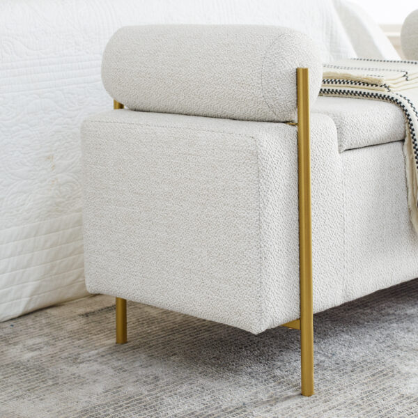 Elegant Upholstered Linen Storage Bench with Cylindrical Arms and Iron Legs for Hallway Living Room Bedroom