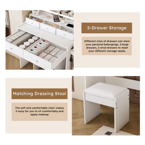 New Large Mirror Vanity Desk for Bed room , Modern Makeup Vanity Set with Power Outlet and Hair dryer holder, 5 Drawers , 3 Lighting Color Adjustable Dressing Table for Bedroom