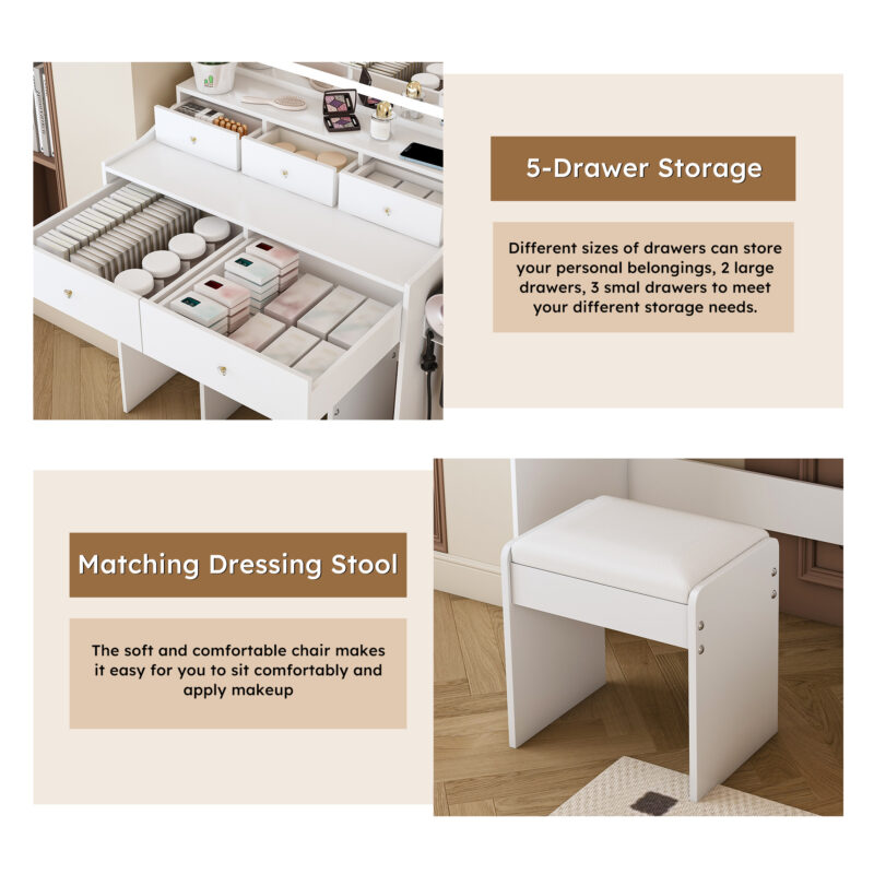 New Large Mirror Vanity Desk for Bed room , Modern Makeup Vanity Set with Power Outlet and Hair dryer holder, 5 Drawers , 3 Lighting Color Adjustable Dressing Table for Bedroom - Image 4