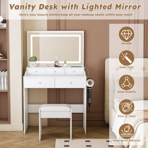 New Large Mirror Vanity Desk for Bed room , Modern Makeup Vanity Set with Power Outlet and Hair dryer holder, 5 Drawers , 3 Lighting Color Adjustable Dressing Table for Bedroom