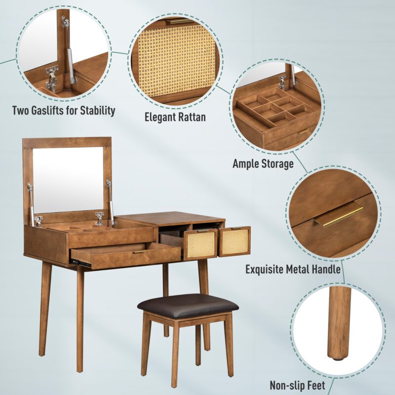 43.3" Classic Wood Makeup Vanity Set with Flip-top Mirror and Stool, Dressing Table with Three Drawers and storage space, Brown - Image 5