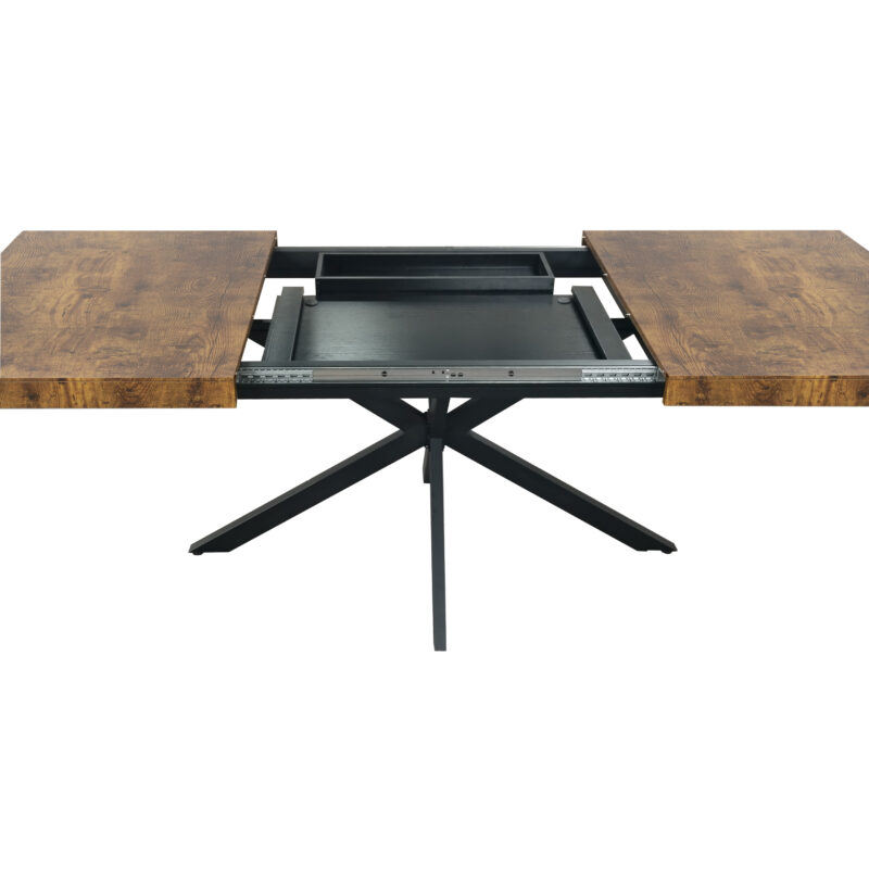 55.11" -70.86"Retro Rectangular Stretch Dining Table, Antique Wood Top And Black Relief Plate, Black Fine Sand Cross Iron Foot Base Dining Table, With Storage Box - Image 9