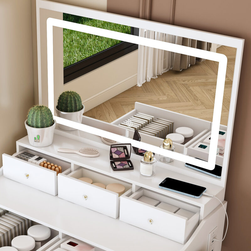 New Large Mirror Vanity Desk for Bed room , Modern Makeup Vanity Set with Power Outlet and Hair dryer holder, 5 Drawers , 3 Lighting Color Adjustable Dressing Table for Bedroom - Image 2