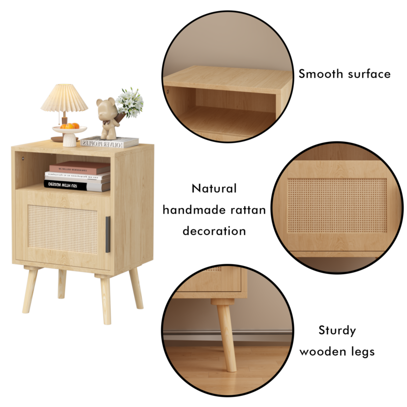 22.83'' H Rattan Nightstand, Side Table with Door Open Shelf, Accent Bedside End Table with Solid Wood Legs for Bedroom, Dorm and Small Spaces, Oak - Image 12