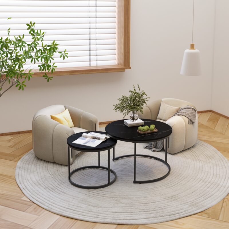 Nesting Coffee Table Set of 2, 27.6inch Round Coffee Table Wood Marble Pattern Top with Sturdy Metal Frame, End Table Side Tables for Living Room Bedroom Balcony Yard - Image 6