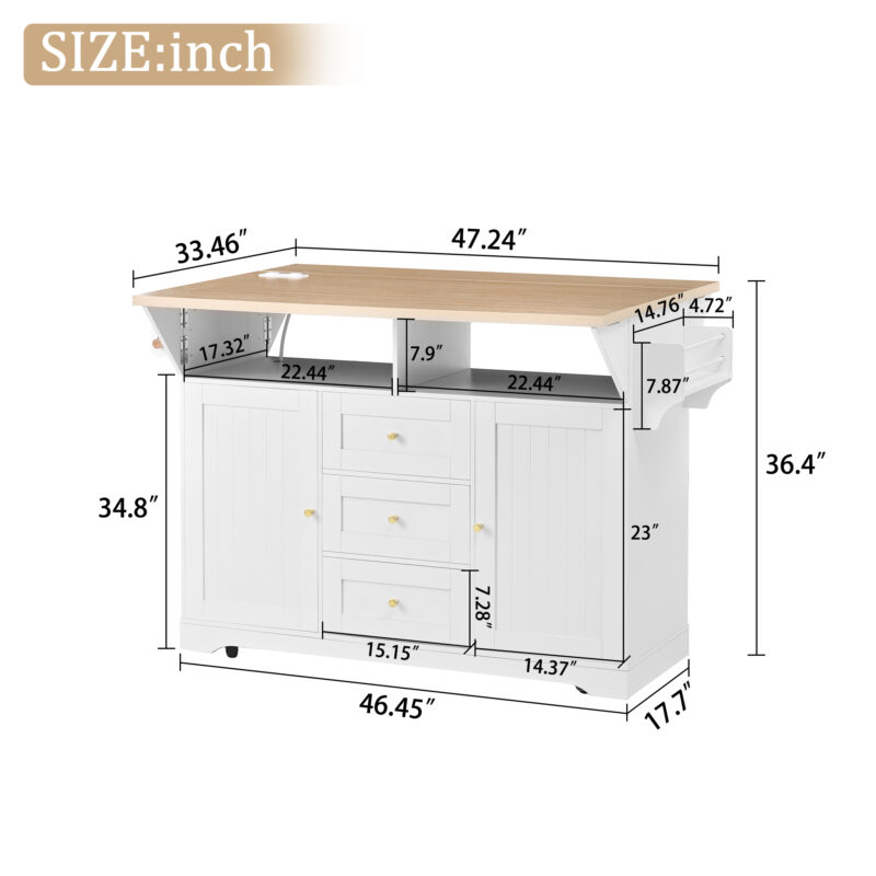 Large Kitchen Island with 2 Drop Leaf,Rolling Kitchen Cart on 5 Wheels with Power Outlet,Folding Storage Dining Table with Spice & Towel Rack , 3 Drawers, for Kitchen, Dining Room,White - Image 10