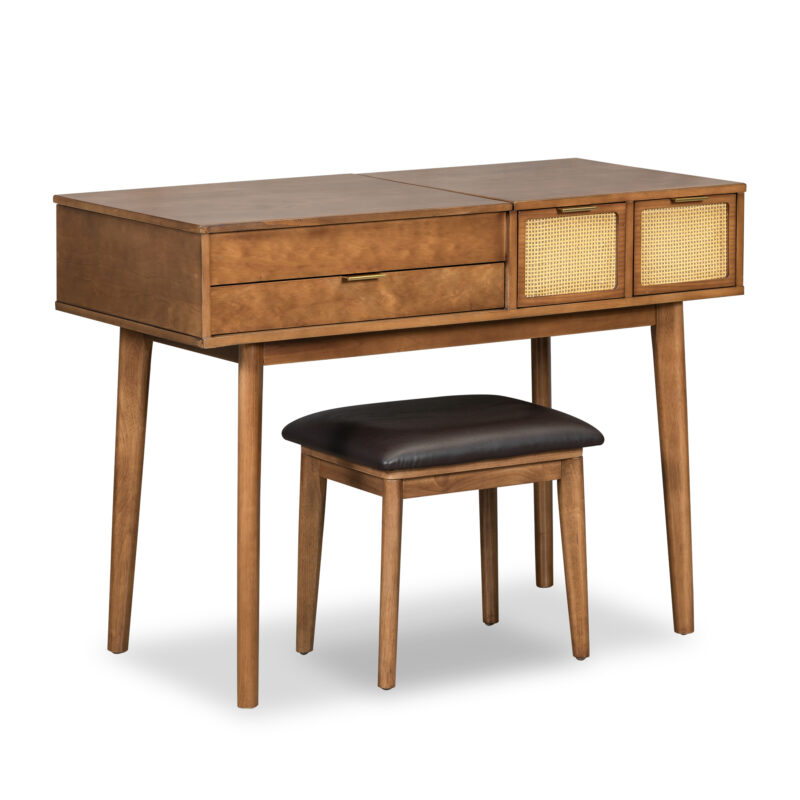 43.3" Classic Wood Makeup Vanity Set with Flip-top Mirror and Stool, Dressing Table with Three Drawers and storage space, Brown - Image 2