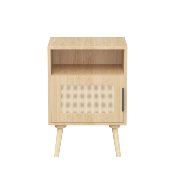 22.83'' H Rattan Nightstand, Side Table with Door Open Shelf, Accent Bedside End Table with Solid Wood Legs for Bedroom, Dorm and Small Spaces, Oak