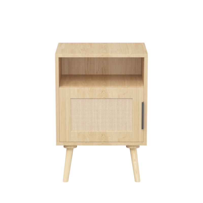22.83'' H Rattan Nightstand, Side Table with Door Open Shelf, Accent Bedside End Table with Solid Wood Legs for Bedroom, Dorm and Small Spaces, Oak - Image 2