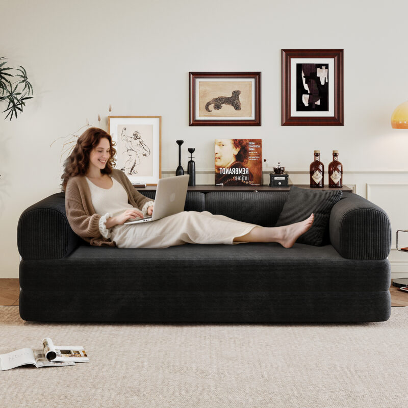 78.8" Compression Sofa,Convertible Floor Sofa Bed-with Pillow Back Support Armrest,Comfy Futon Couch Sleeper Bed,Loveseats Boneless Modular Sectional Sofa,Corduroy fabric,for Living Room,Bedroom - Image 7