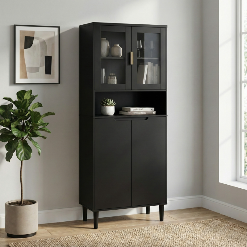 Tempered Glass Door Tall Storage Bookcase with adjustable board, 4 doors MDF painting finished cabinet, Green, Living room Bedroom storage - Image 16