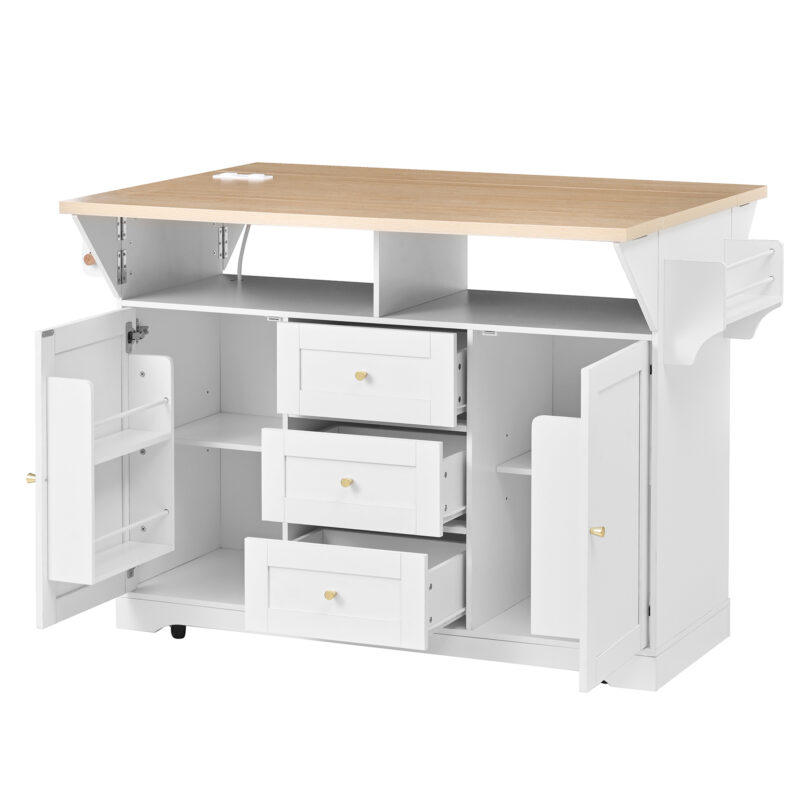 Large Kitchen Island with 2 Drop Leaf,Rolling Kitchen Cart on 5 Wheels with Power Outlet,Folding Storage Dining Table with Spice & Towel Rack , 3 Drawers, for Kitchen, Dining Room,White - Image 11