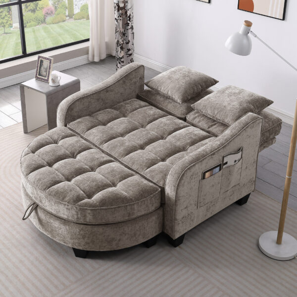 Two-seater sofa, double sofa chaise longue, with irregular armrests and backrests, footrest with storage space, comes with two small throw pillows, suitable for living room and bedroom
