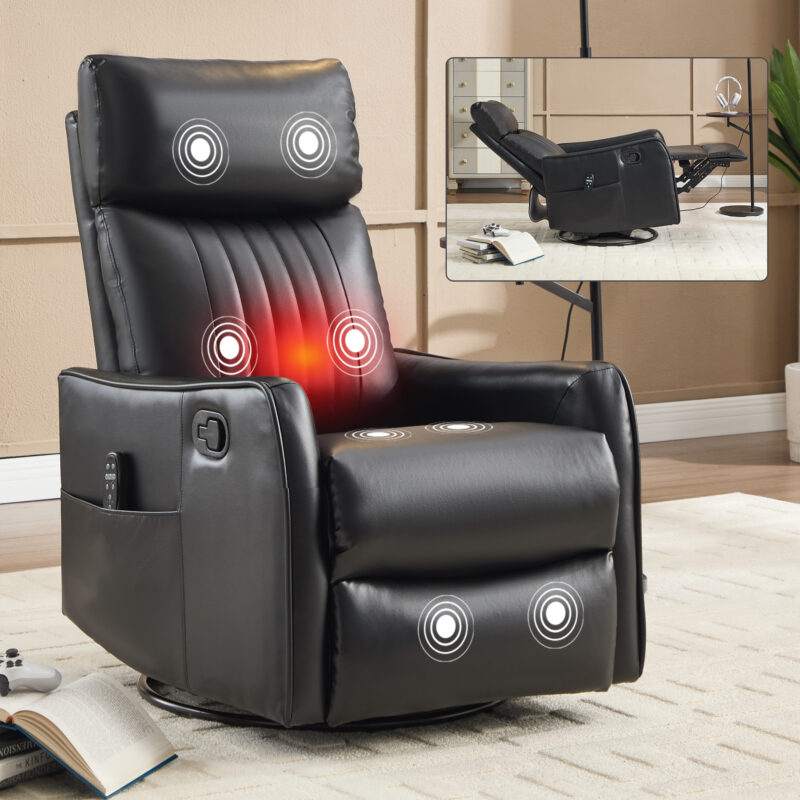 Red Faux Leather Heat Massage Manual Recliner Chair with Rocker and Swivel for Living Room - Image 6