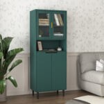 Tempered Glass Door Tall Storage Bookcase with adjustable board, 4 doors MDF painting finished cabinet, Green, Living room Bedroom storage - Image 3