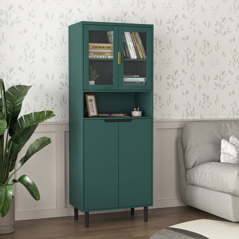 Tempered Glass Door Tall Storage Bookcase with adjustable board, 4 doors MDF painting finished cabinet, Green, Living room Bedroom storage - Image 3