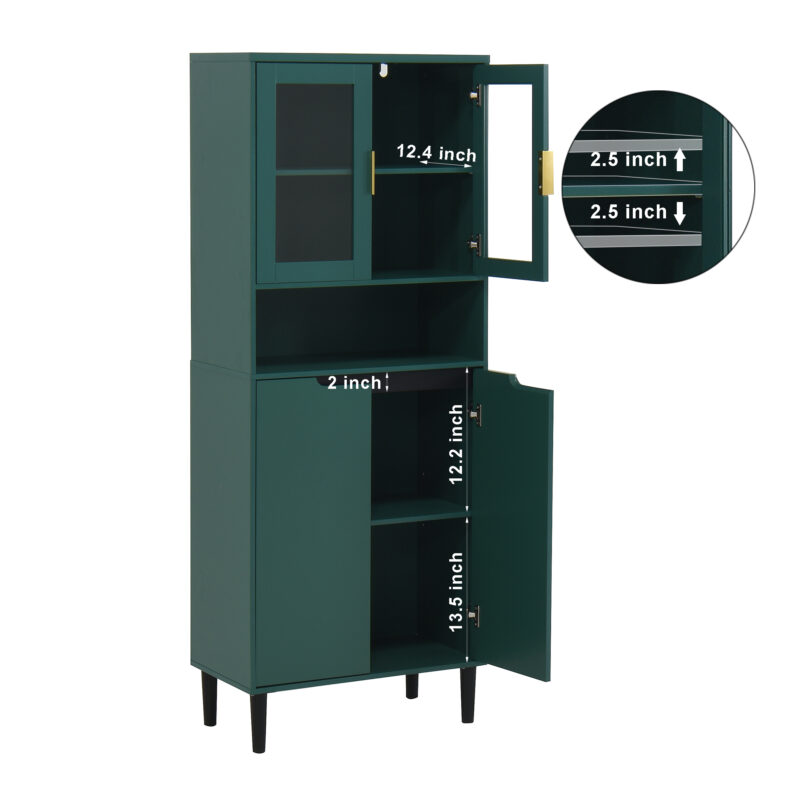 Tempered Glass Door Tall Storage Bookcase with adjustable board, 4 doors MDF painting finished cabinet, Green, Living room Bedroom storage - Image 9