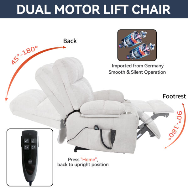Grey Dual Motor Infinite Position Up to 350 LBS Chenille Power Lift Recliner Chair, Heavy Duty Motion Mechanism with 8-Point Vibration Massage and Lumbar Heating, Dual Cup Holders