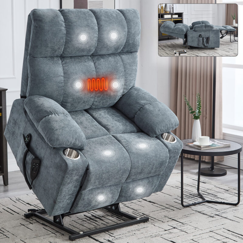 Grey Dual Motor Infinite Position Up to 350 LBS Chenille Power Lift Recliner Chair, Heavy Duty Motion Mechanism with 8-Point Vibration Massage and Lumbar Heating, Dual Cup Holders - Image 10