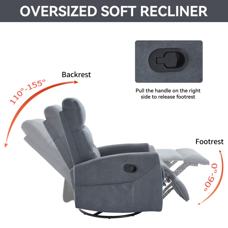 Manual Recliner Chair with Rocker and Swivel in Fabric for Living Room - Image 7