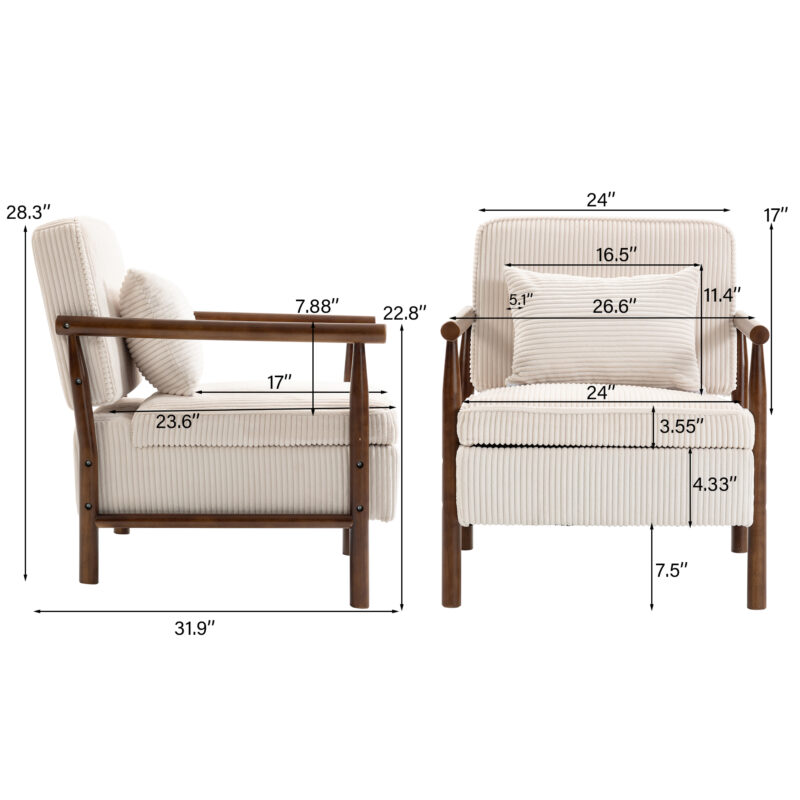 Storage Chair,Mid Century Modern Accent Chair with Wood Frame, Upholstered Living Room Chairs with Waist Cushion, Reading Armchair for Bedroom Sunroom - Image 11