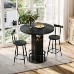 3-Piece Bar Table and Stool Set 31.5-inch round bar table with two stools Compact wooden dining bar with metal ring footrest Ideal for restaurants, cafes, bars, living rooms, and small spaces